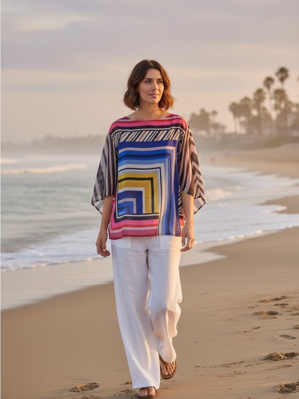 Trina Turk Mouvedre Geometric Colorful‎ Kimono Sleeve Boho Blouse Size XS/S NEW